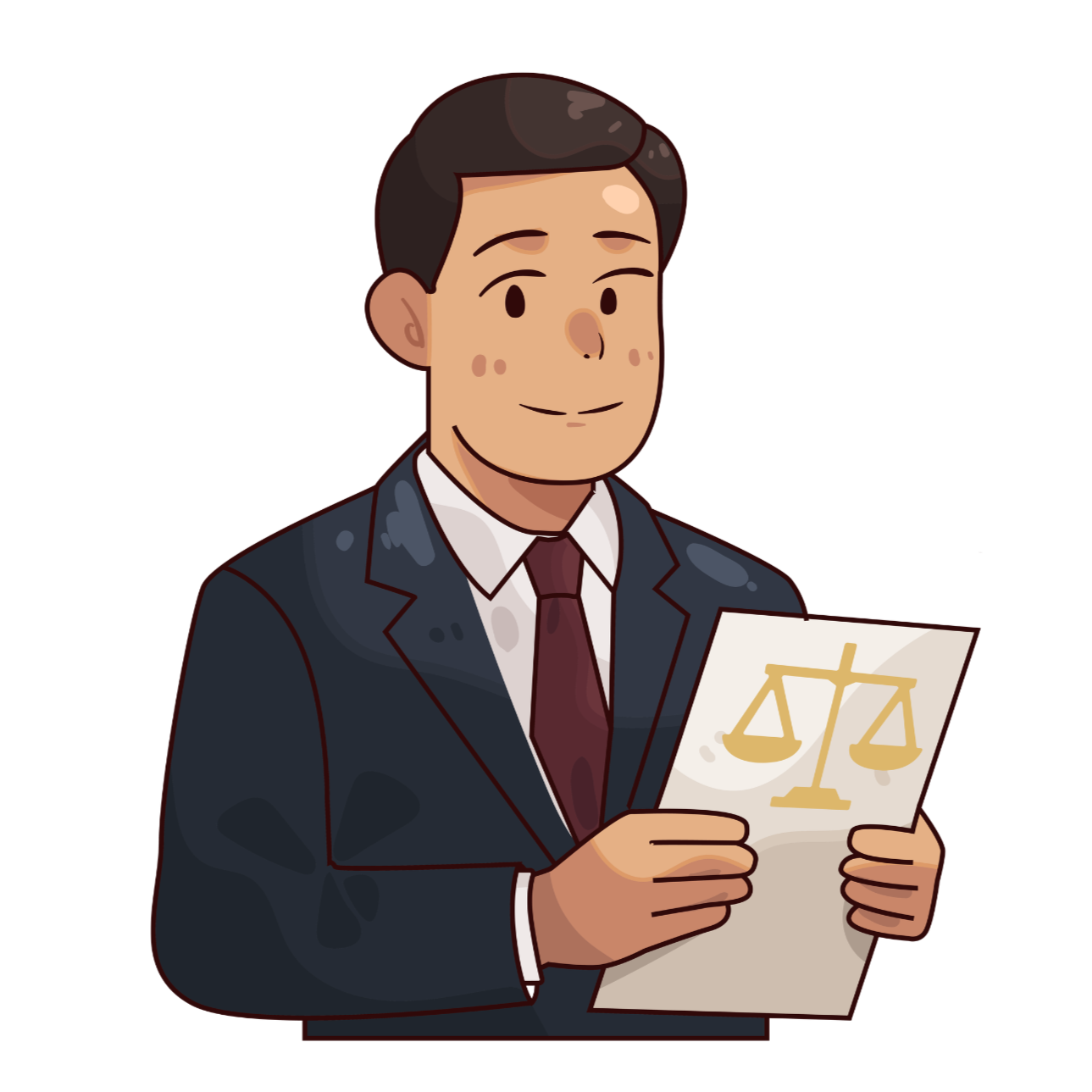 Cartoon of a man in a suit holding a legal document with a scale of justice symbol on it.