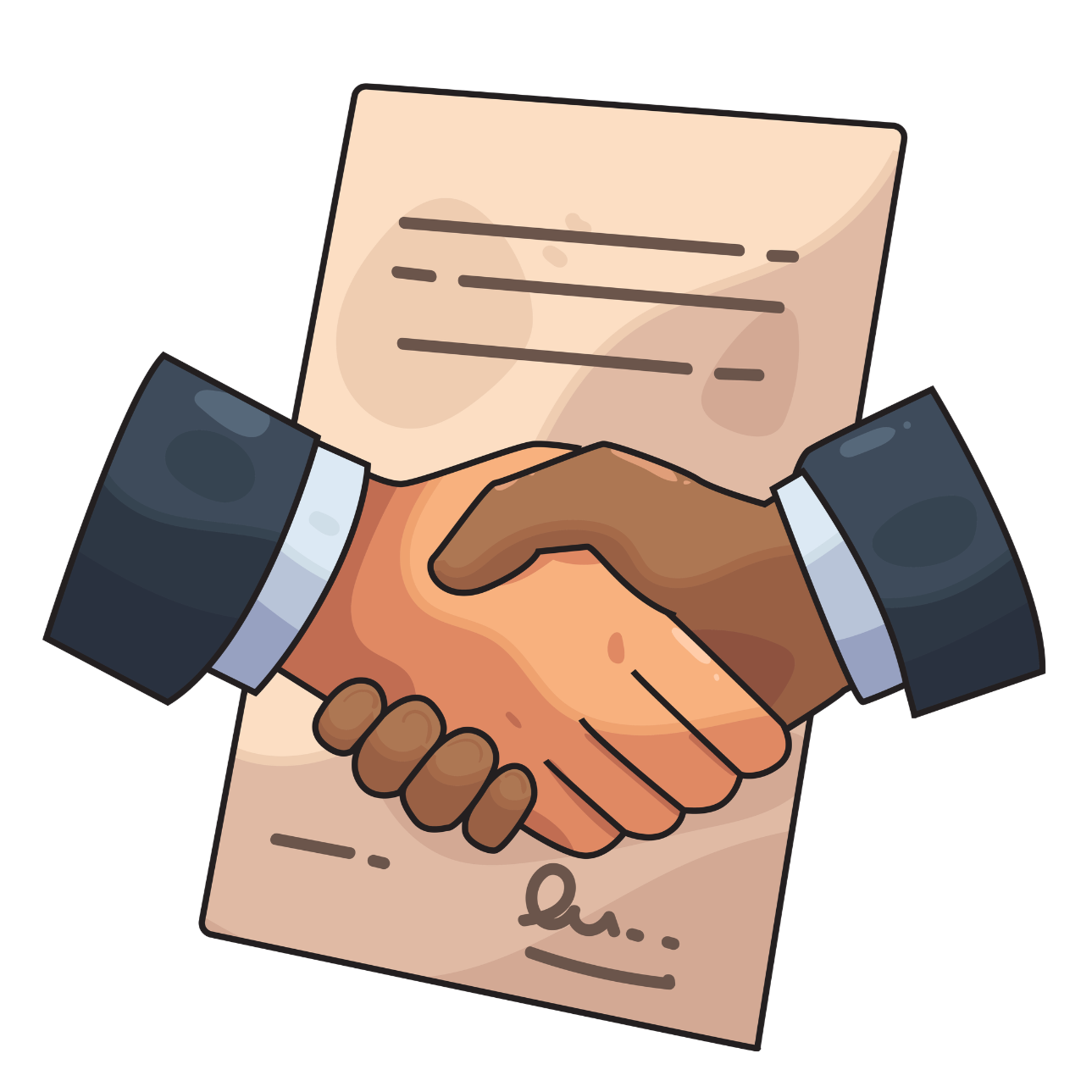 Illustration of two hands shaking, one with darker skin and the other with lighter skin, over a signed document.