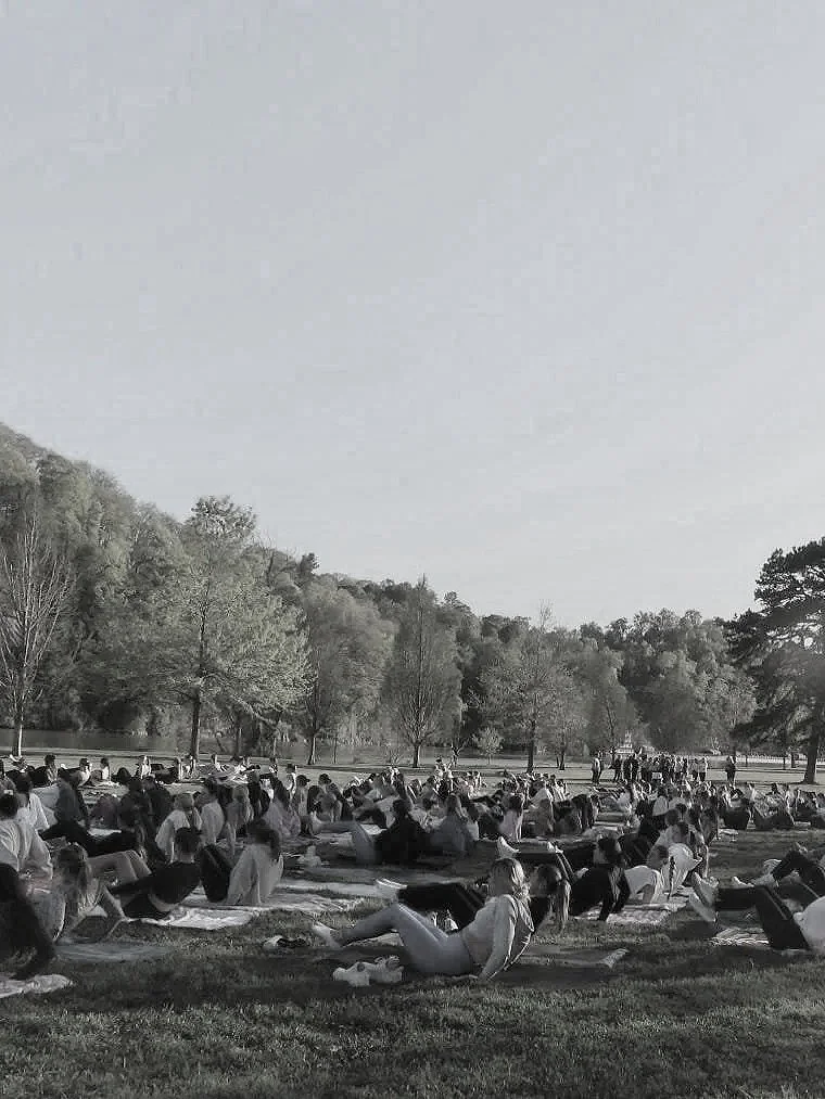 Large group of people sitting on blankets and read in a park outdoors with trees and open space in the background.