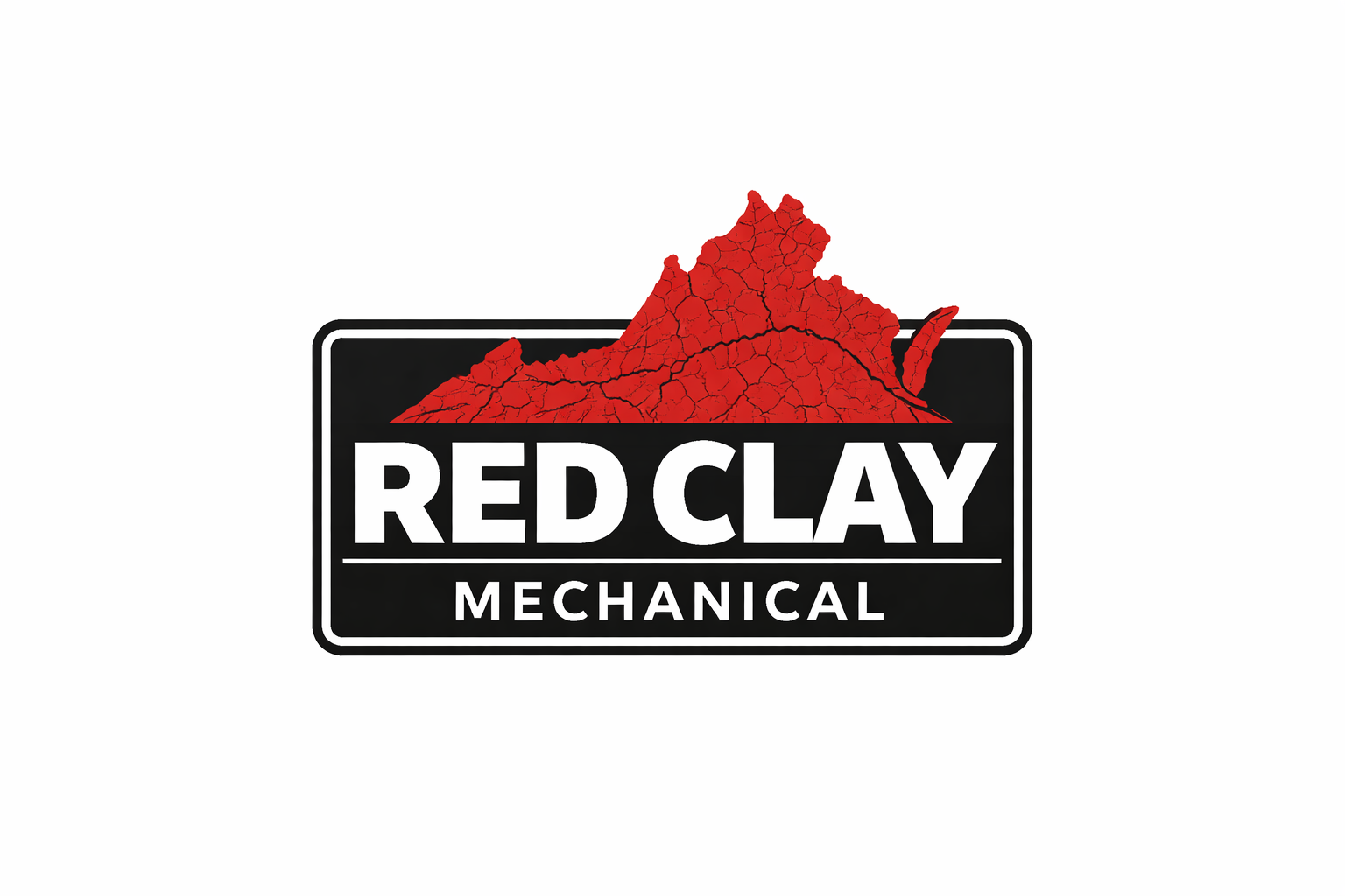 Logo for Red Clay Mechanical featuring a red cracked clay mountain silhouette above the company name in bold letters, with a black rectangle background.