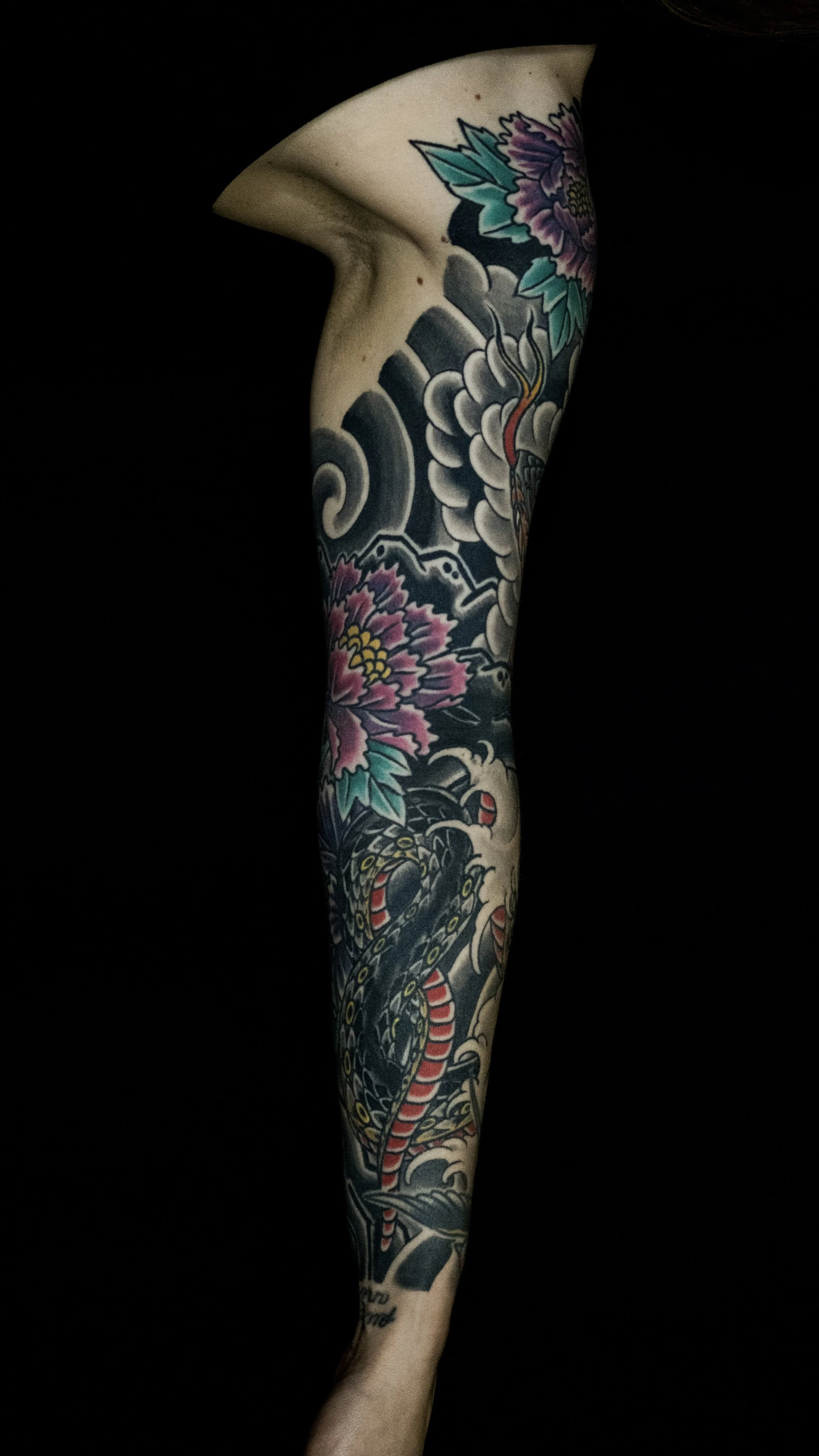 Colorful Japanese-style tattoo sleeve on a person's arm, featuring flowers, a snake, and traditional designs, against a black background.