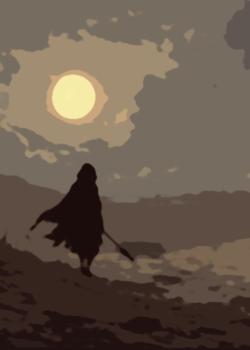 A person with a cloak, holding a staff, walking on a beach at sunset under a cloudy sky.