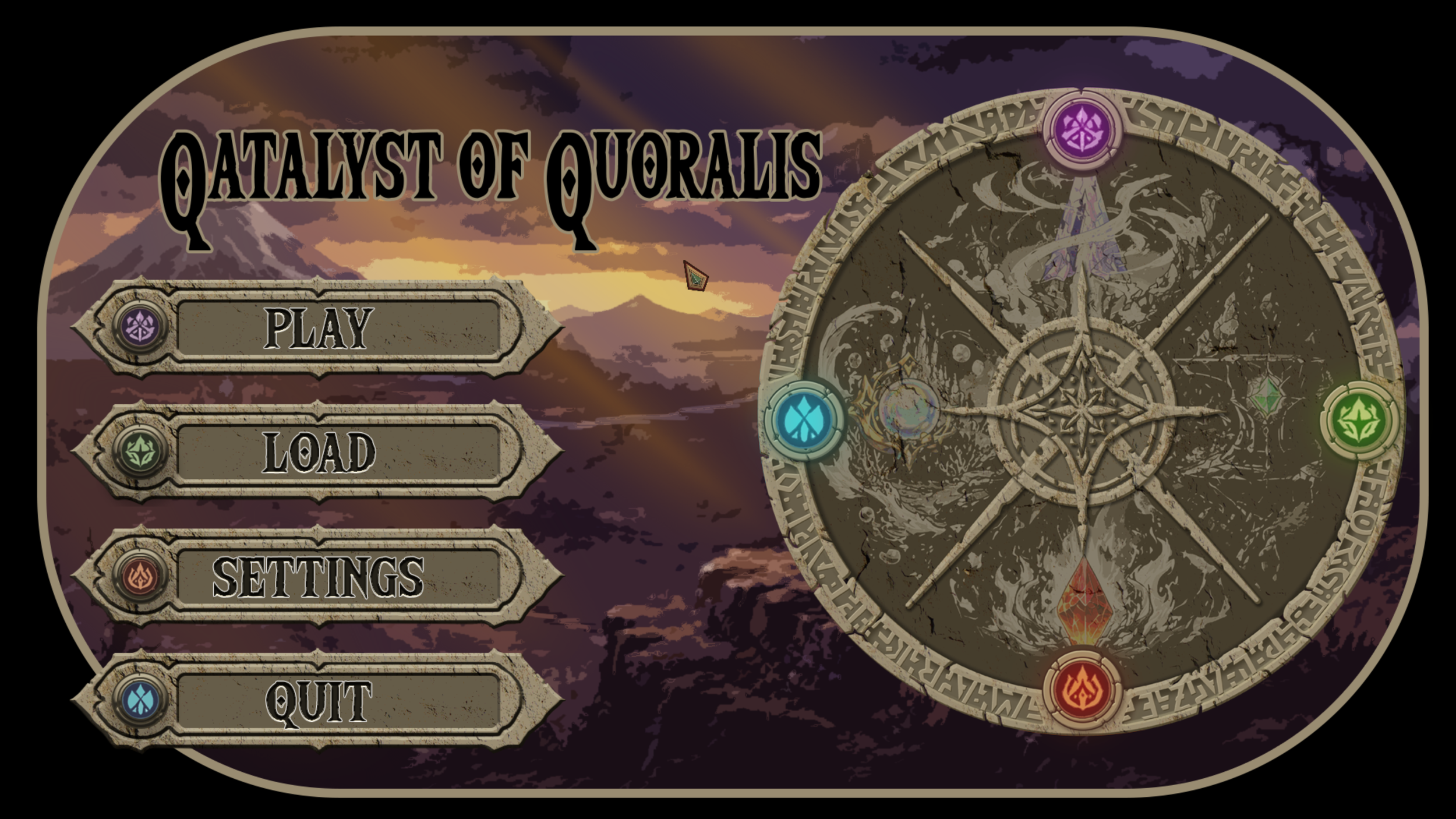 Video game menu screen titled 'Qatalyst of Quarals' with options for Play, Load, Settings, and Quit, set against a background of a sunset and mountainous landscape with mystical symbols and a circular rune-like design.