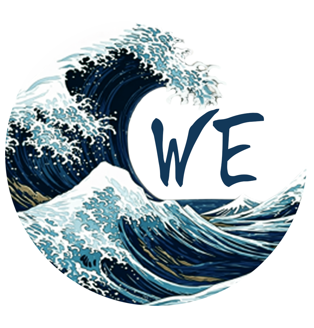 illustration of a large ocean wave in the style of Hokusai's The Great Wave, with the word 'WE' written across it.