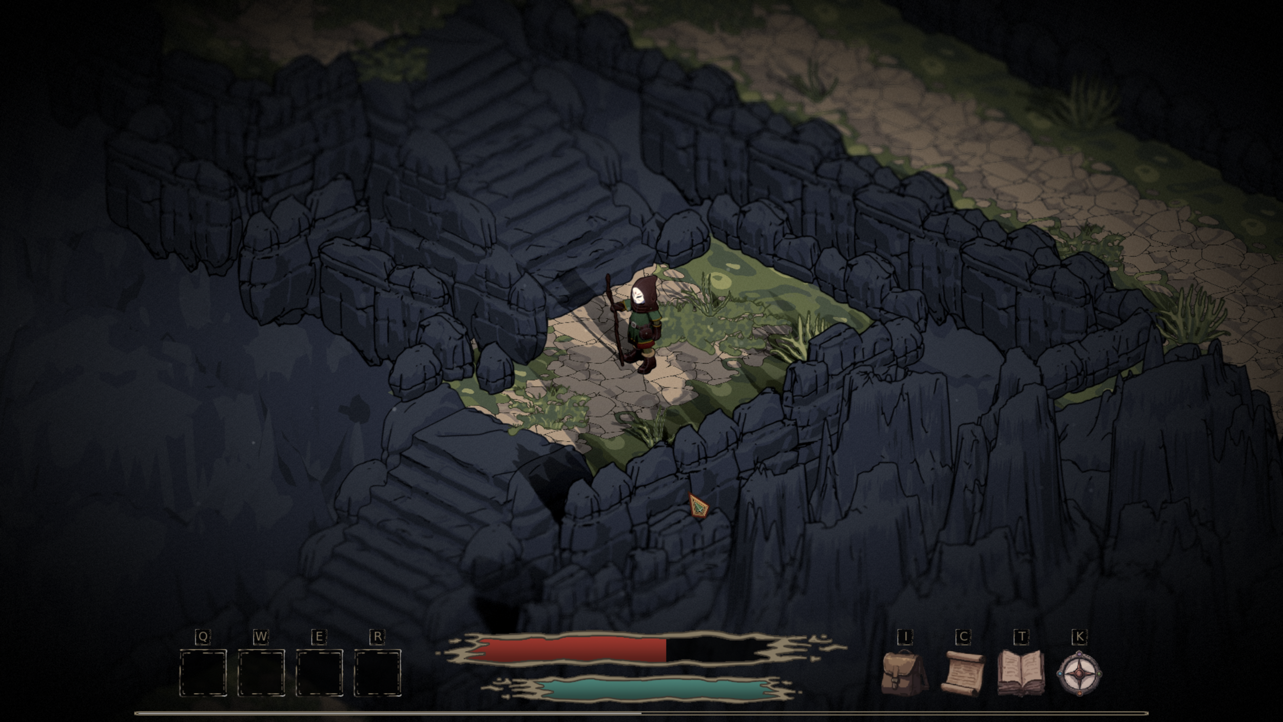 A dark, isometric video game scene featuring a small character in armor holding a staff, standing on stone steps surrounded by rock formations and dead grass, with user interface elements at the bottom of the screen.