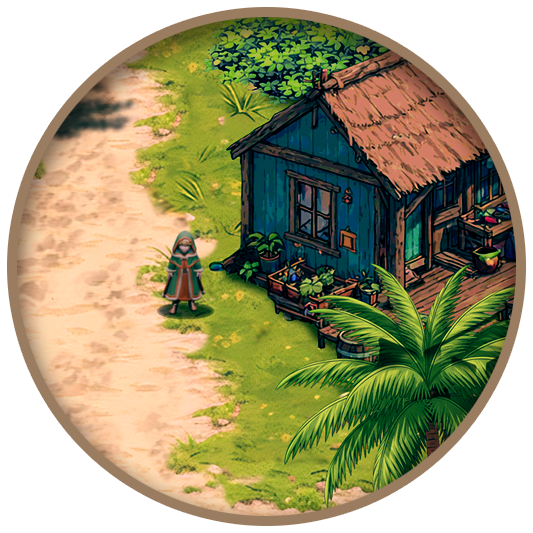 A person wearing a hood and cloak standing outside a rustic blue wooden house with a thatched roof, surrounded by greenery and a dirt path.