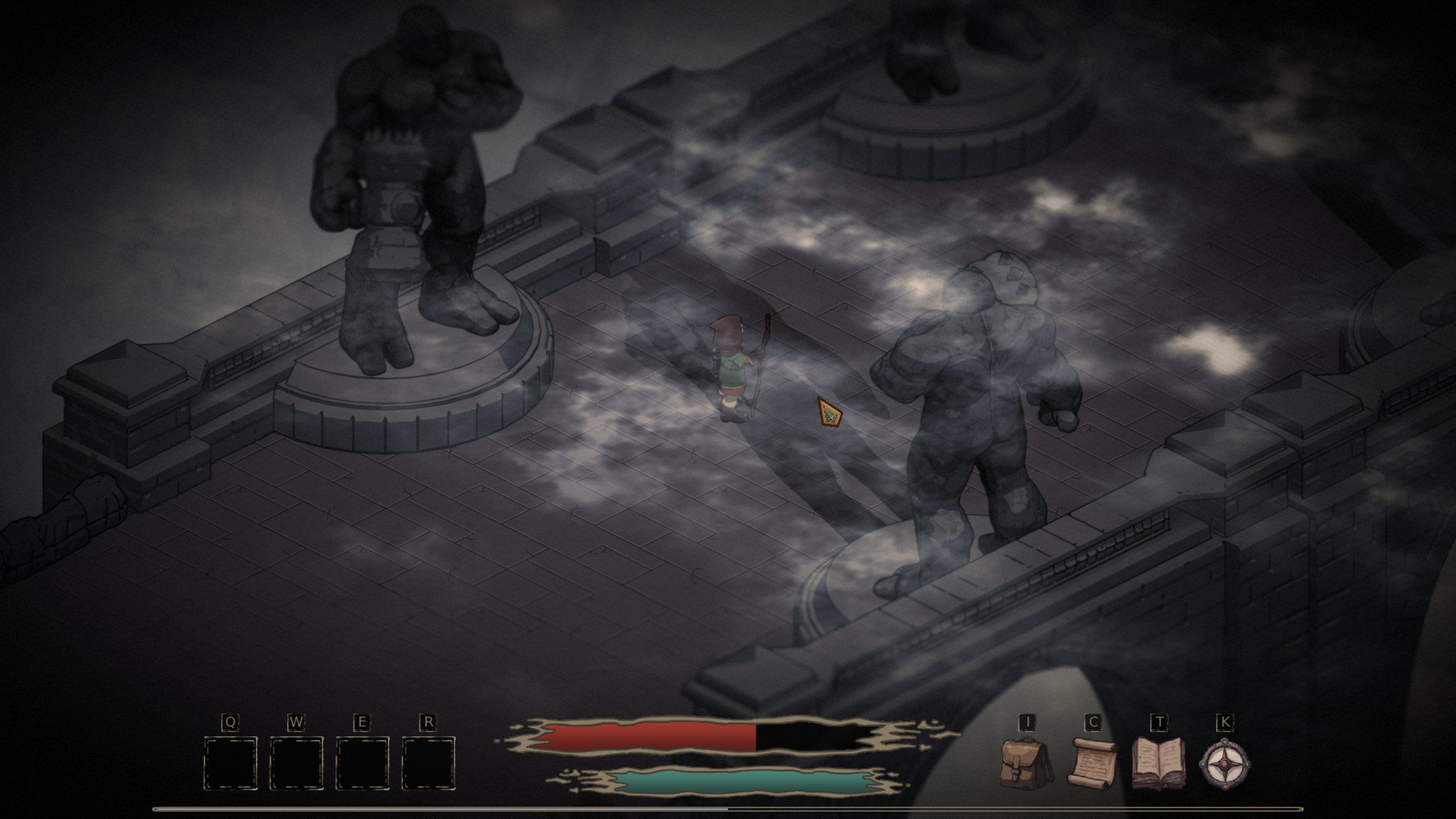A scene from a video game showing a small character facing two large stone statues of humanoid figures on a rooftop or balcony with clouds or fog in the background.