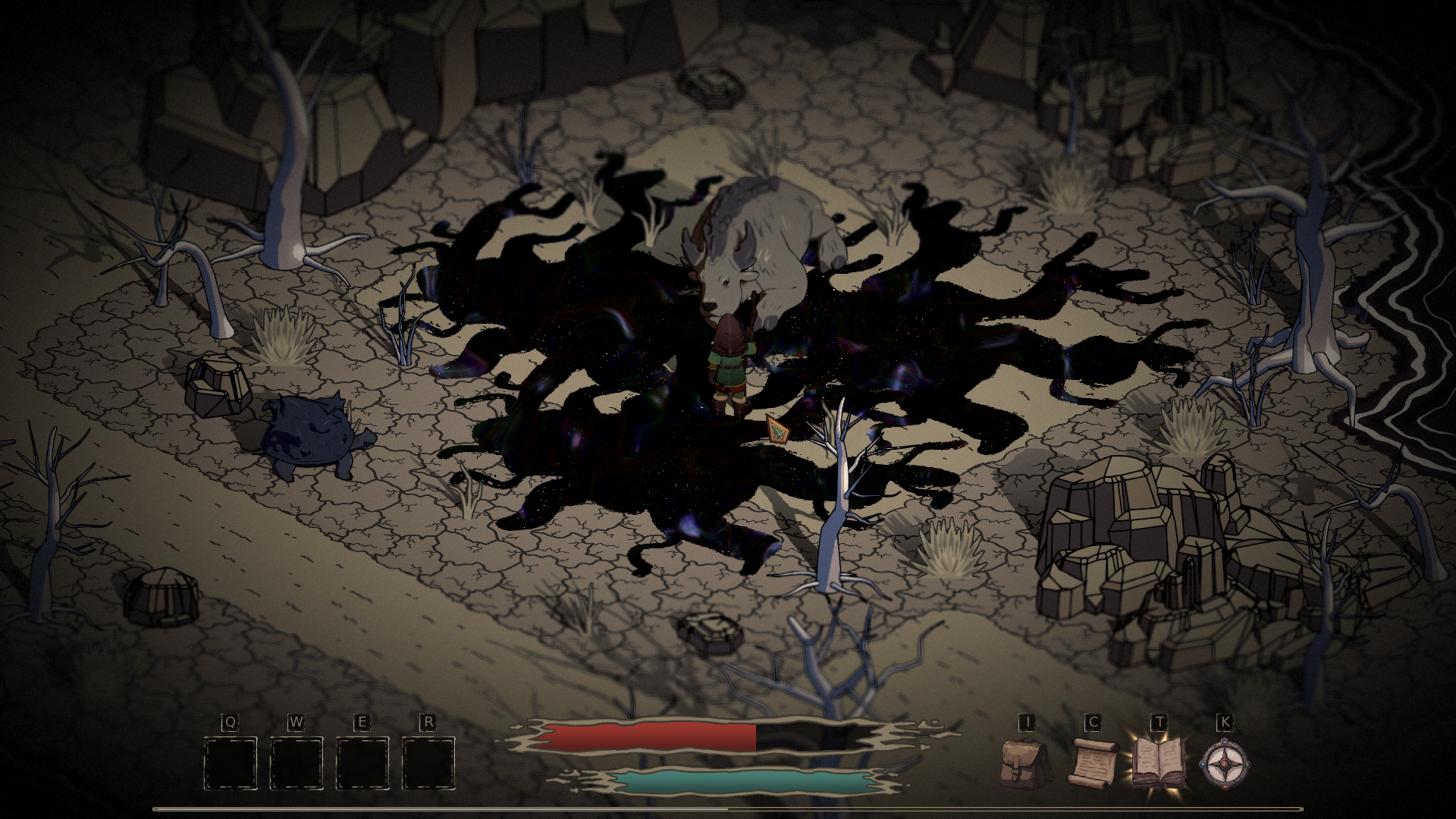 A video game scene showing a character standing in front of a mysterious creature with multiple black limbs or tentacles, on a cracked dry ground with leafless trees and rocky formations around.