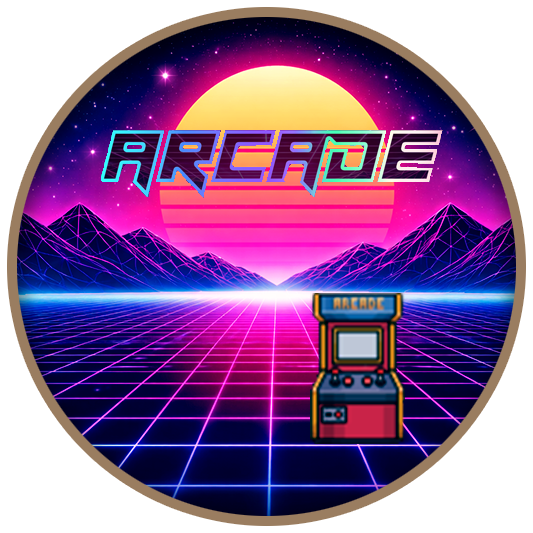 A digital arcade scene with a neon grid floor, mountainous landscape, a setting sun, and an arcade game machine in the foreground.