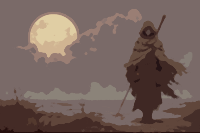 A large, shadowy figure wearing a cloak and a wide-brimmed hat walks along a beach under a full moon, holding a staff. The scene has a mysterious, twilight atmosphere.