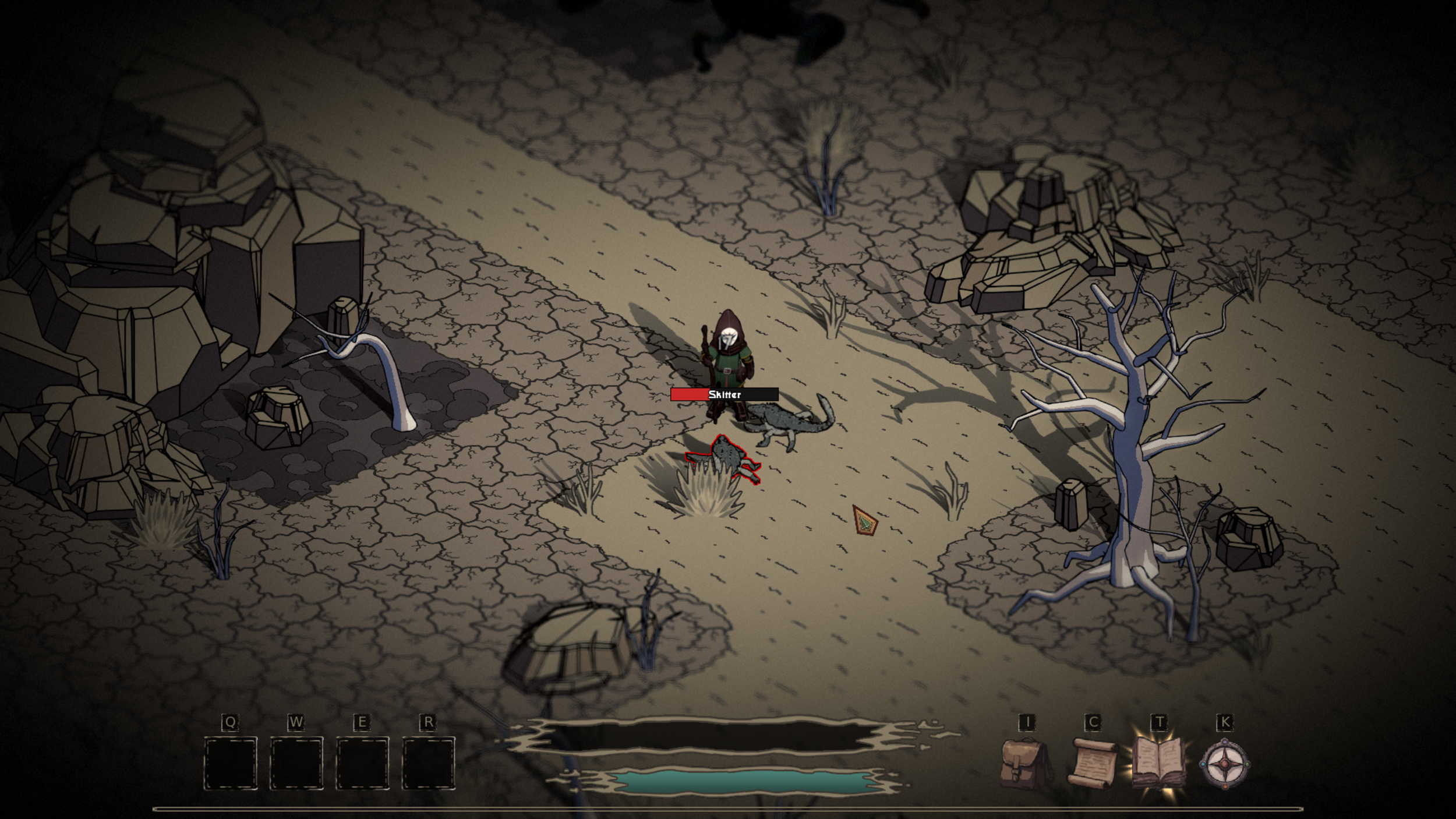 A dark, desolate landscape with cracked, dry ground, scattered barren trees, and rocky formations. A character in dark clothing with a skull mask holds a weapon and stands near a dead animal. The scene is from a top-down video game interface with health bar, icons, and controls visible.
