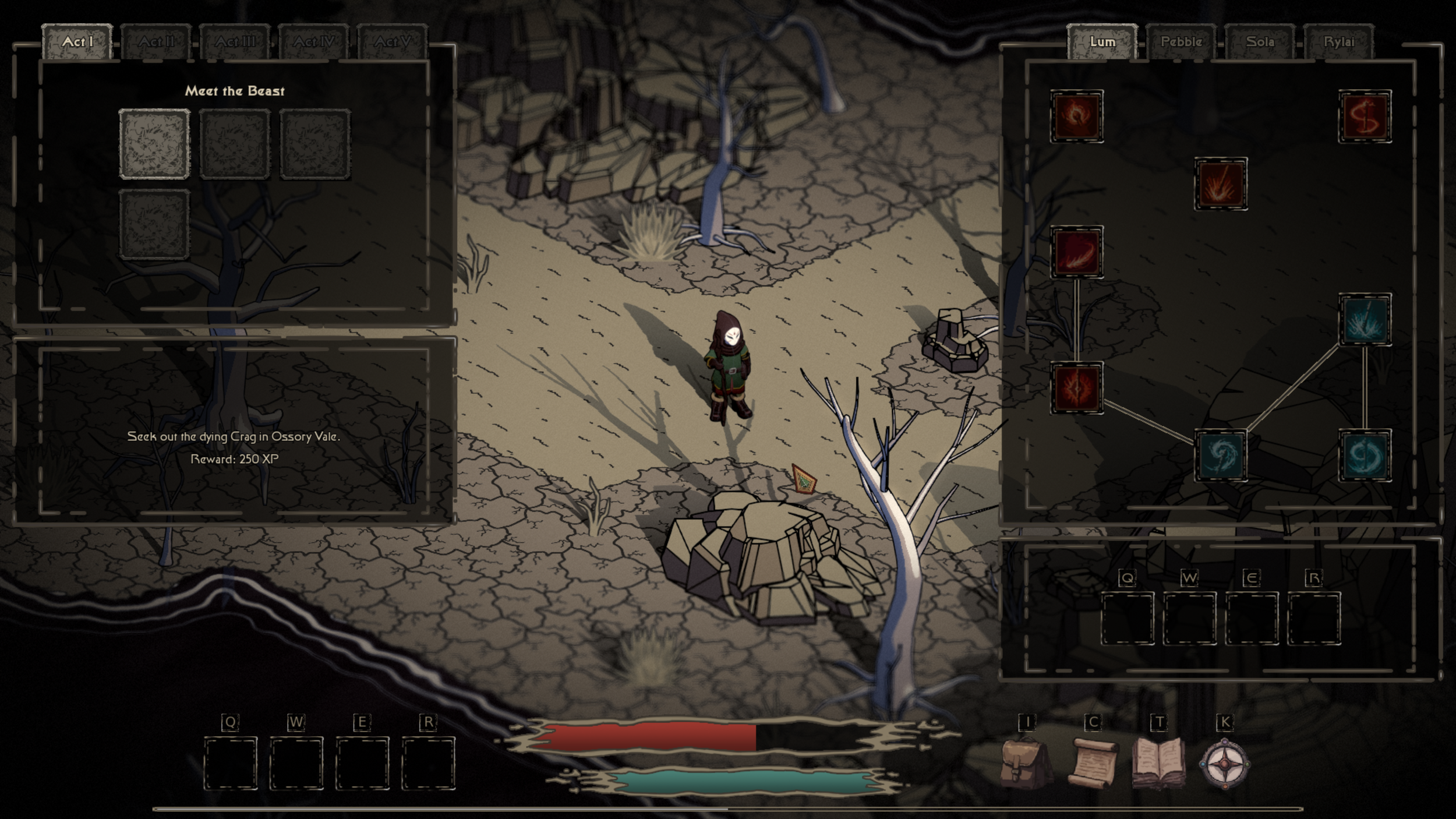 Video game scene set in a desolate, cracked earth landscape with leafless trees and rocks. A hooded character stands in the center, with game interface elements and quest instructions displayed on the screen.