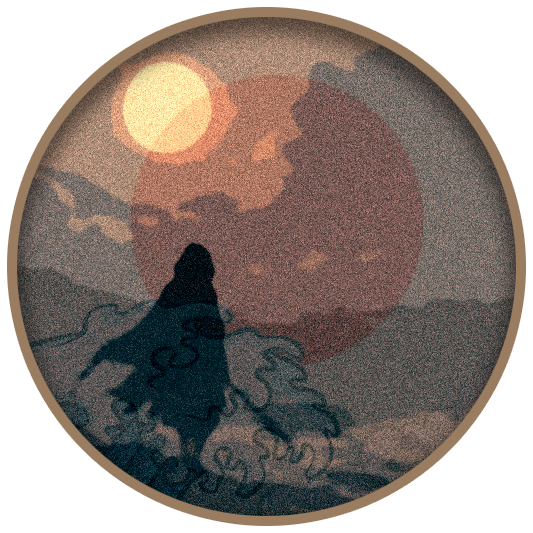 Silhouette of a person sitting near the ocean with waves crashing around, under a large setting sun with clouds in the sky.