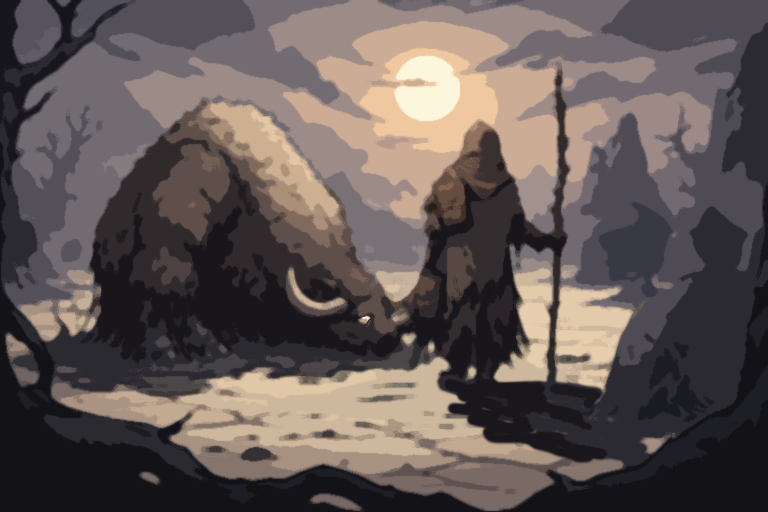 A fantasy scene of a hooded figure with a staff standing beside a large, sleeping creature in a moonlit, dark forest with leafless trees.