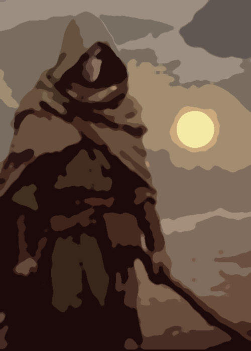 A stylized, abstract depiction of a person holding a spear, standing outdoors with a full moon and clouds in the sky.