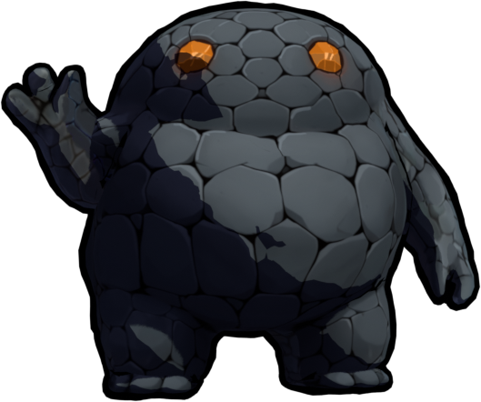 A stylized, cartoonish stone creature with rounded, rocky body and glowing orange eyes, set against a dark background.