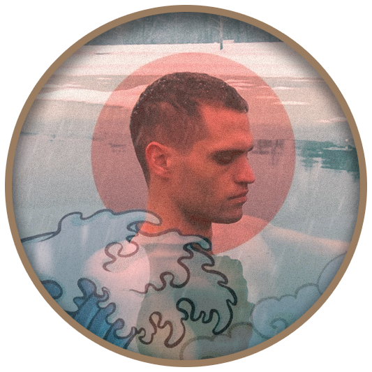 A digital collage of a man with short hair, facing to the right, with a red circle behind his head, superimposed on a background of clouds, waves, and a blue sky.