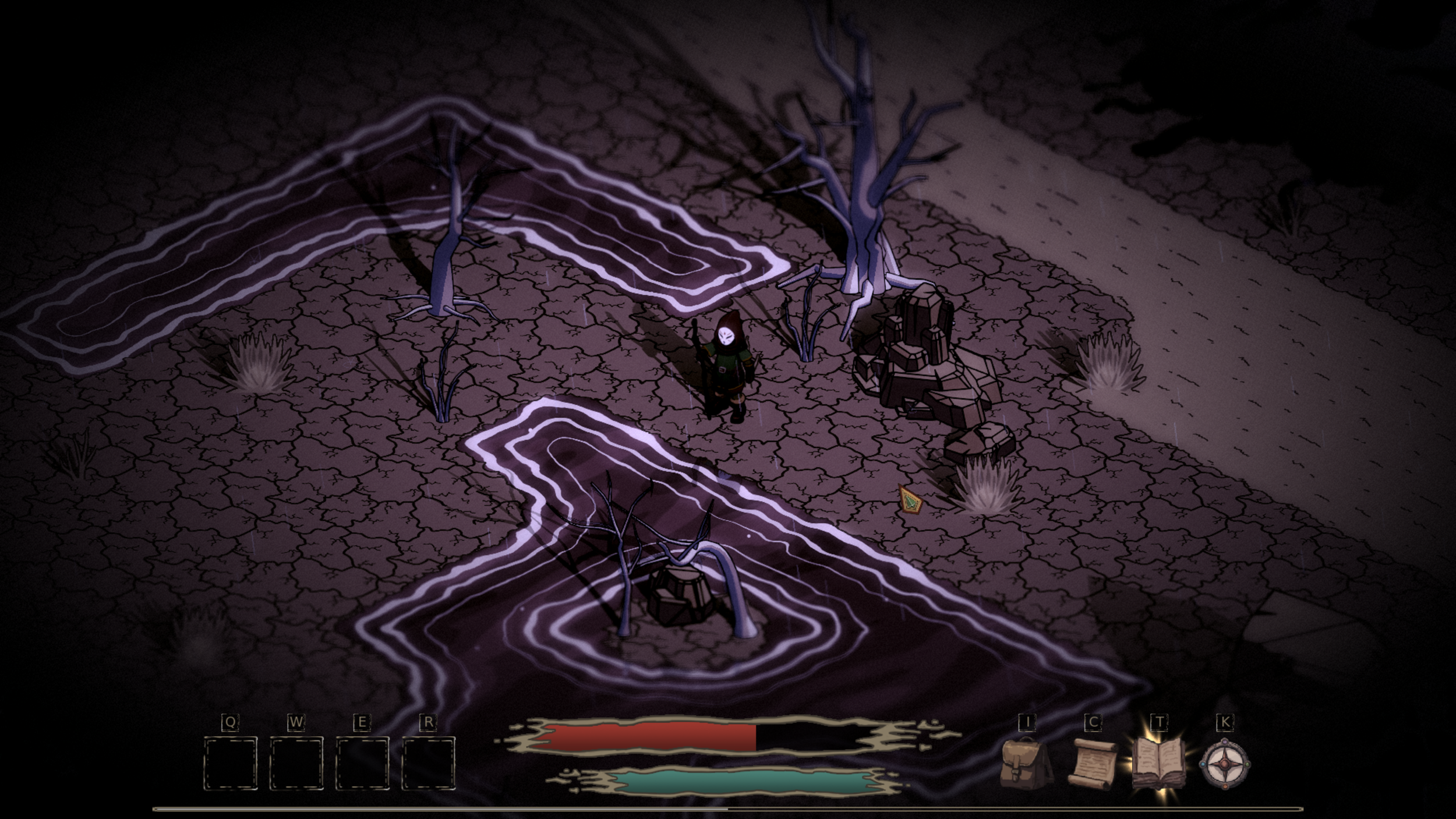 An isometric view of a digital game scene showing cracked ground, leafless trees, some rocks, and glowing purple lines forming pathways, with a character standing near the center.