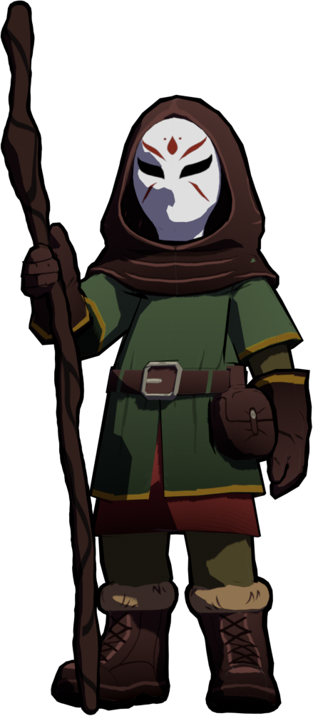 A fantasy character dressed in green with a brown hooded cloak, wearing a white masked face with red markings, holding a staff, and carrying a pouch.