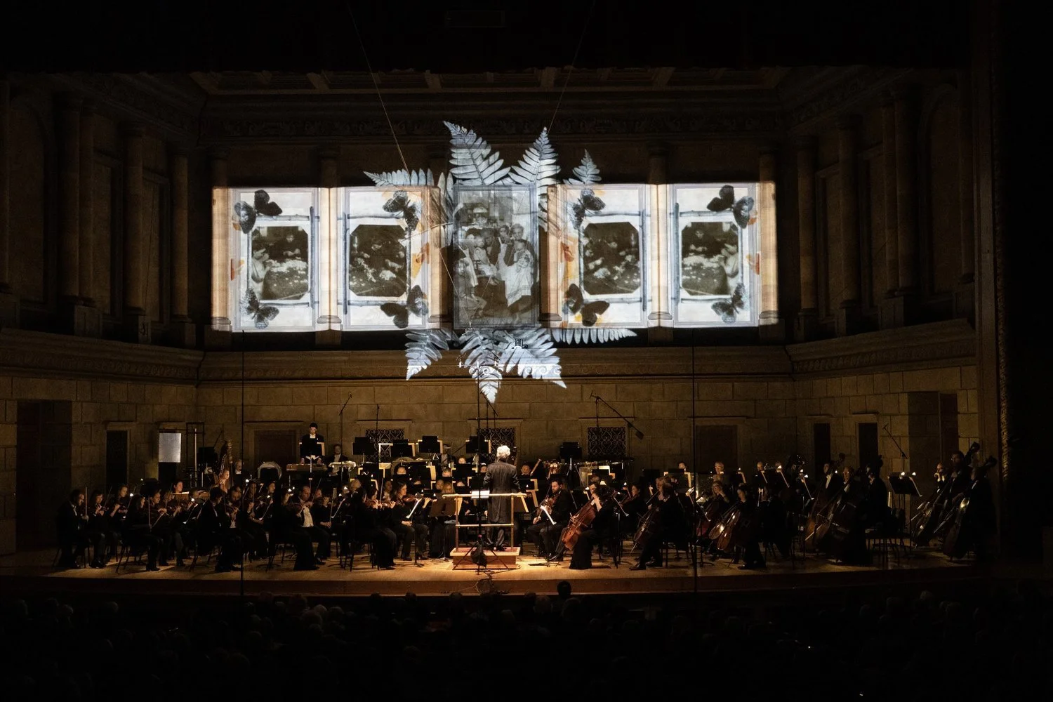 An orchestra performing on stage in a concert hall, with window projections above and orchestra members seated with musical instruments, and a conductor in front.