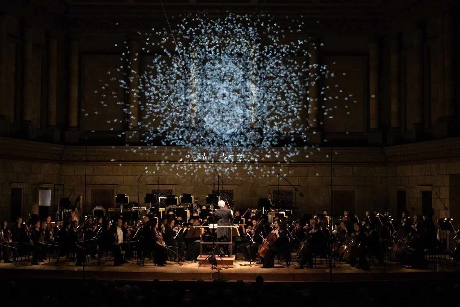 Orchestra performing on stage in concert hall with abstract light projection on backdrop.