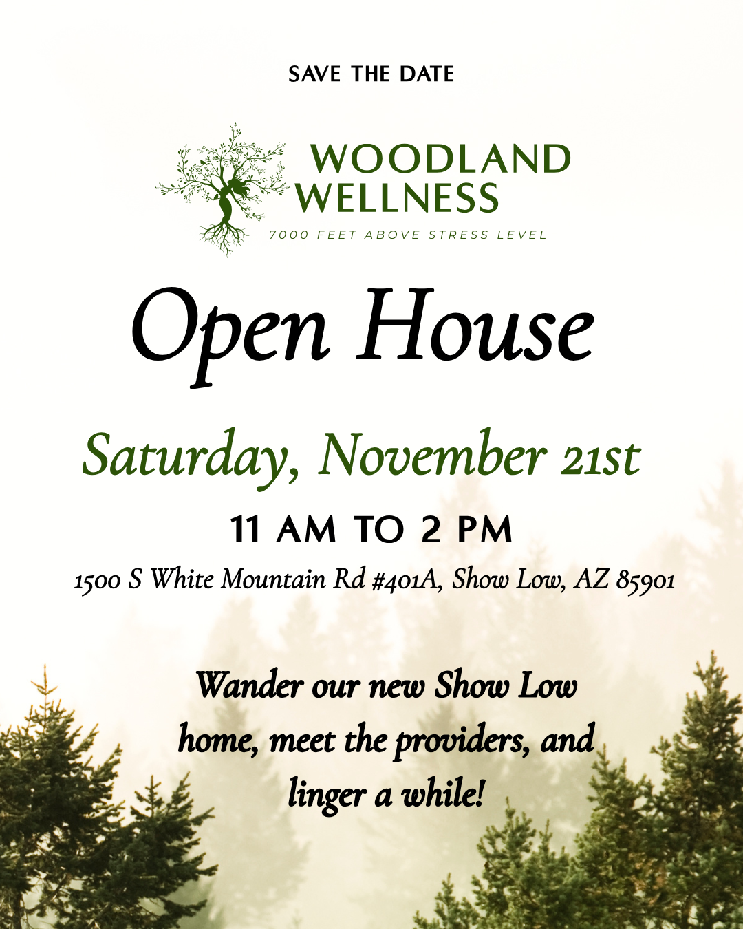 Open House, Saturday, November 21, 11 AM to 2 PM.