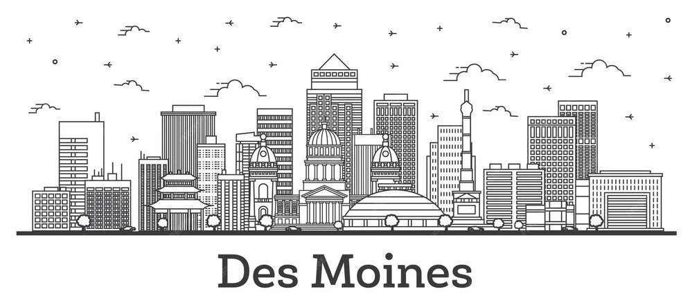 Line drawing of the Des Moines city skyline with various skyscrapers and buildings, some with domes and spires, trees along the bottom, clouds and birds in the sky, and the text 'Des Moines' beneath.