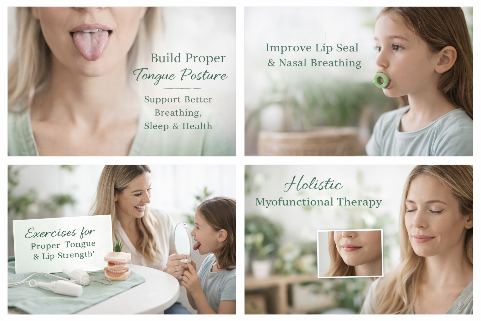 A woman sticking out her tongue in the first panel, a young girl practicing nasal breathing with a breathing aid in the second panel, a woman smiling while a girl practices tongue exercises in the third panel, and a woman with eyes closed, practicing myofunctional therapy in the fourth panel. Text overlays mention building proper tongue posture, improving lip seal and nasal breathing, exercises for tongue and lip strength, and holistic myofunctional therapy.