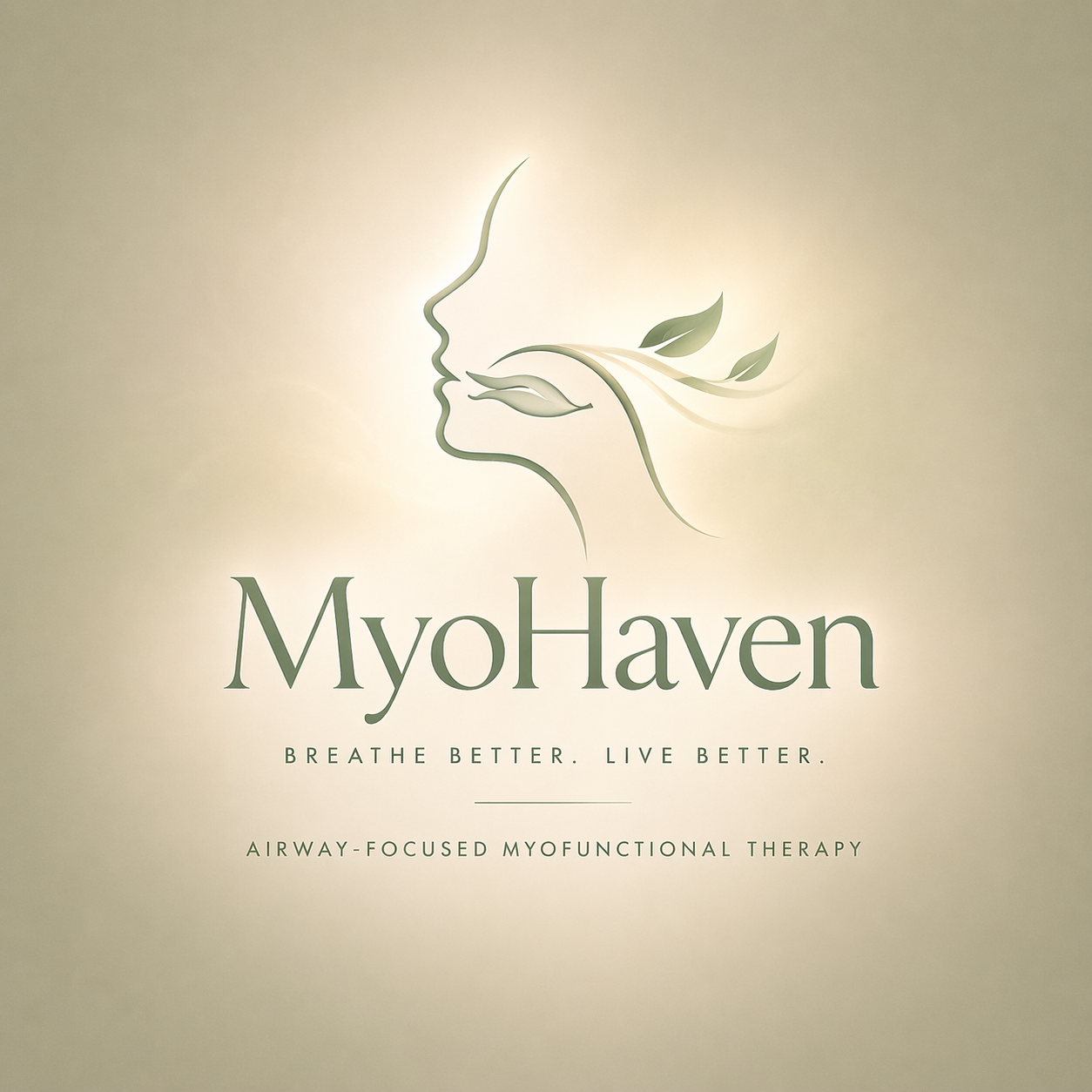 Logo for MyoHaven with a line drawing of a woman's face and leaves, and the text 'Breathe Better. Live Better.' and 'Airway-Focused Myofunctional Therapy'.