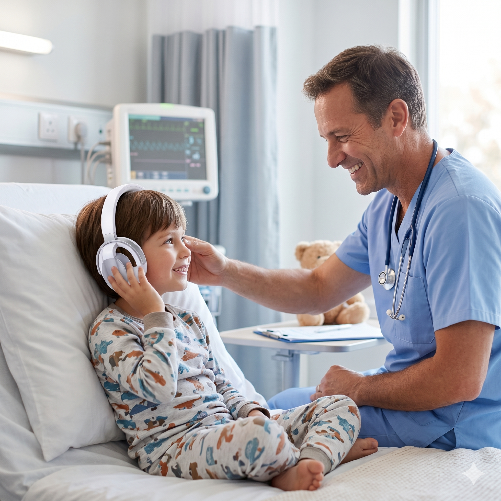 A young girl with headphones lying in a hospital bed smiling, as a male healthcare professional wearing scrubs and a stethoscope interacts with her in a hospital room with medical equipment and a large window.