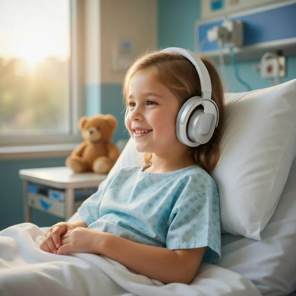 A young girl lying in a hospital bed wearing headphones and smiling, with a teddy bear on a table in the background.