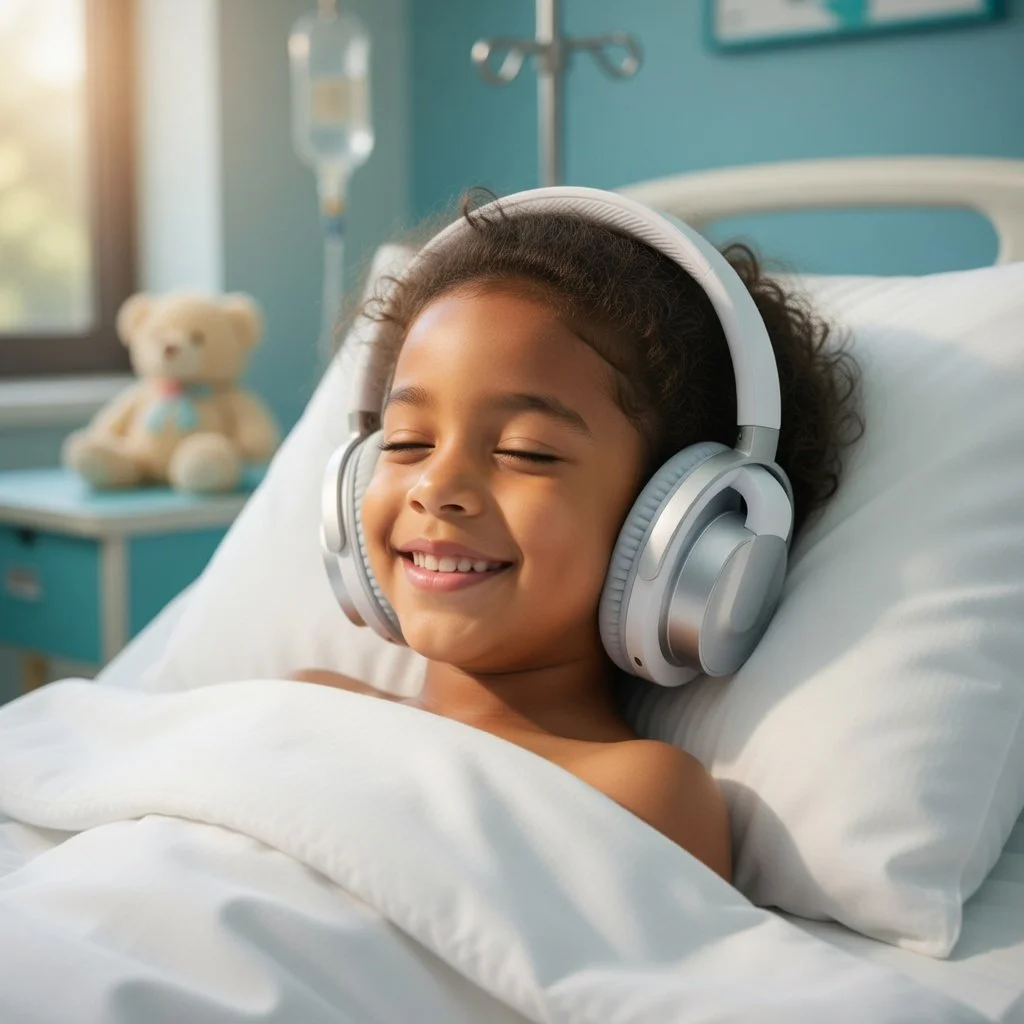 A young girl smiling with eyes closed, lying in a hospital bed wearing headphones.