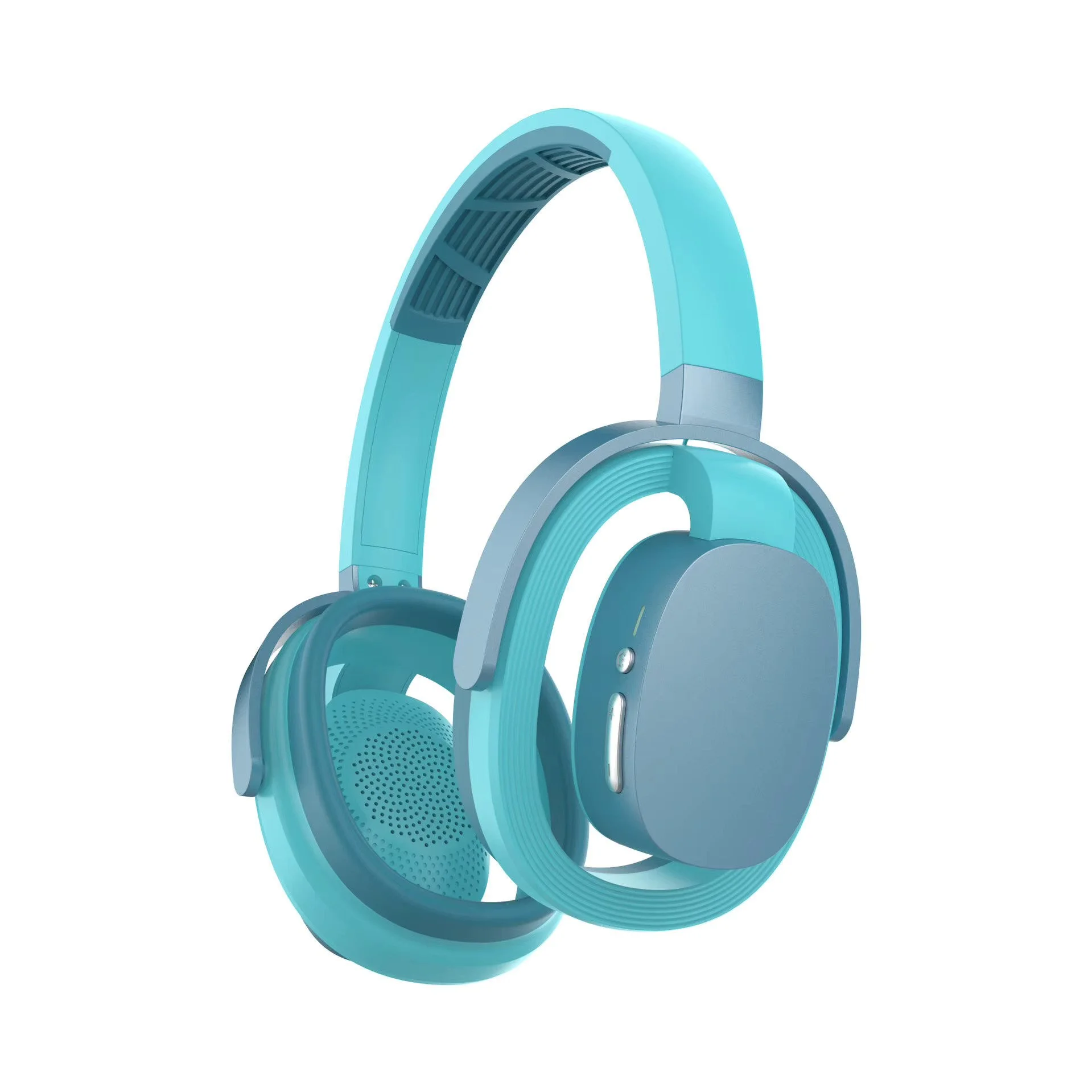 A pair of teal over-ear headphones viewed from a slightly front angle, showing the headband and ear cups with detailed interior design.