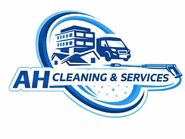 Logo for AH Cleaning & Services featuring a building, houses, a delivery truck, and a cleaning spray. Text includes 'AH Cleaning & Services'.