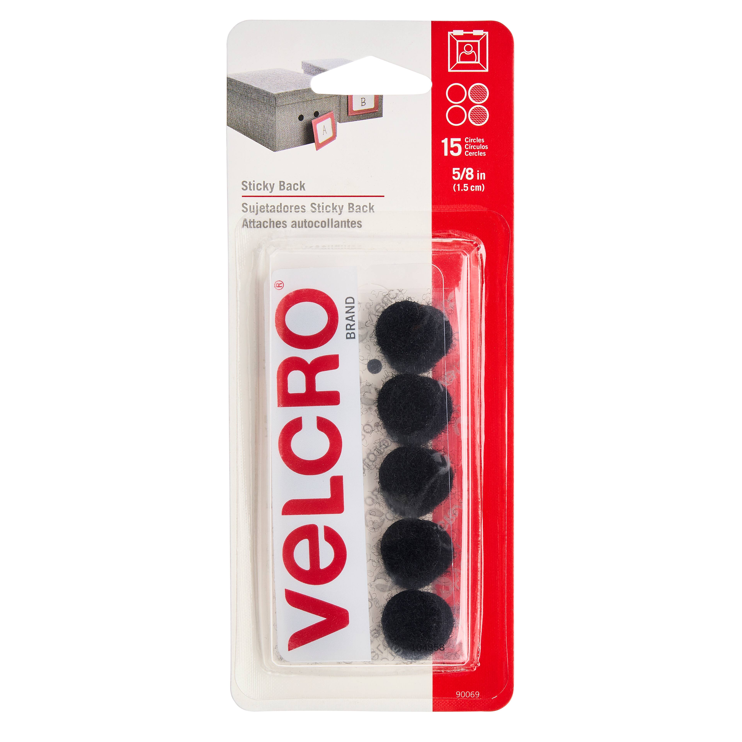 Package of five black adhesive-backed felt circles from Velcro, size 5/8 inch, in a plastic and cardboard package.