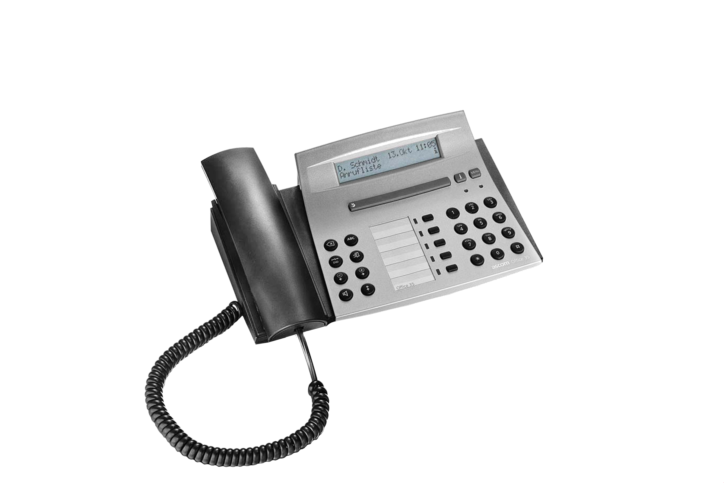 A gray office landline telephone with a handset connected by a coiled cord, an LCD display, and various buttons for dialing and functions.