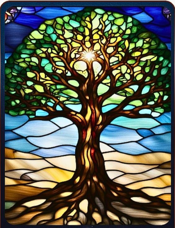 Stained glass window depicting a large tree with a glowing sun behind its branches, set against a background of blue sky and sandy ground.