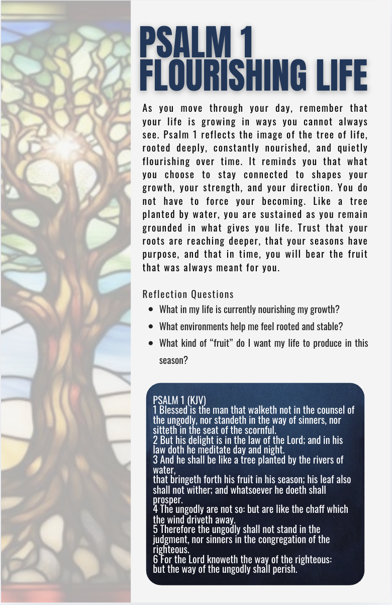 An infographic titled "Psalm 1 Flourishing Life" featuring a quote from Psalm 1 (KJV) along with reflection questions about growth, rootedness, and seasons, and a background image of a tree with sunlight shining through its branches.