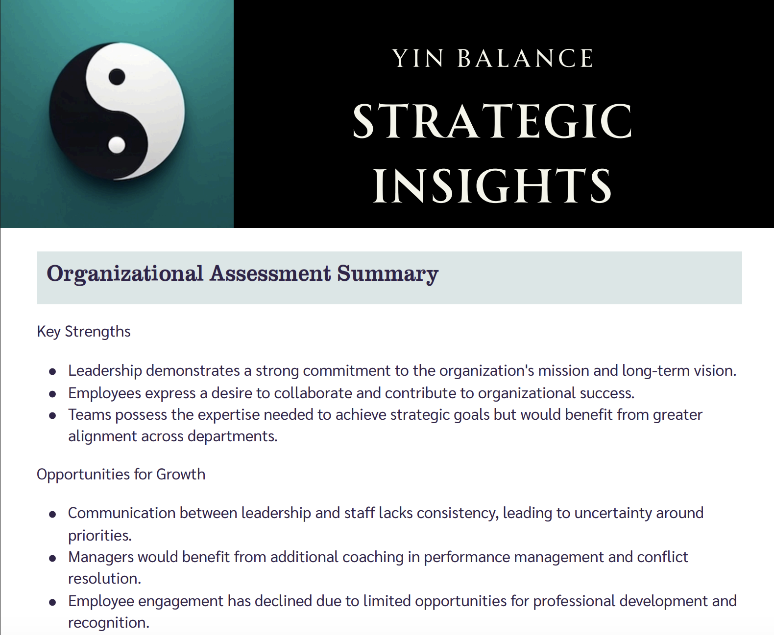 Cover page of a report titled 'Yin Balance Strategic Insights' showing a Yin-Yang symbol and sections discussing organizational assessment, strengths, and opportunities for growth.