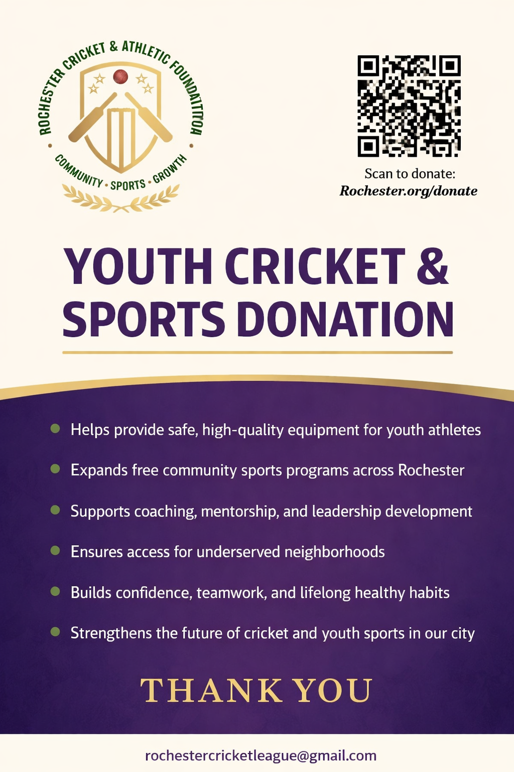 Flyer for youth cricket and sports donation event with logo of Rochester Cricket & Athletic Foundation, QR code for donations, and list of benefits including providing equipment, supporting programs, mentorship, access for underserved neighborhoods, building confidence, and strengthening youth sports in Rochester.