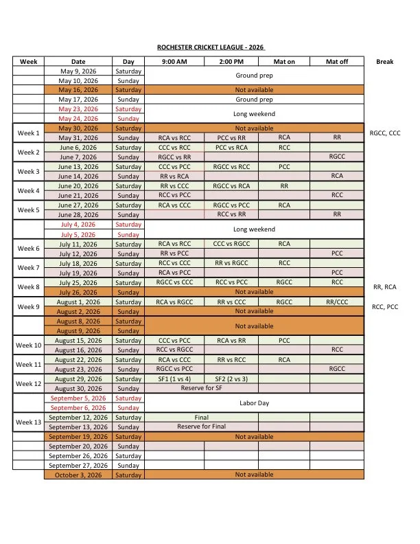Schedule for Rochester Cricket League 2026 showing match dates, days, times, and types, with some dates marked as not available or long weekends.