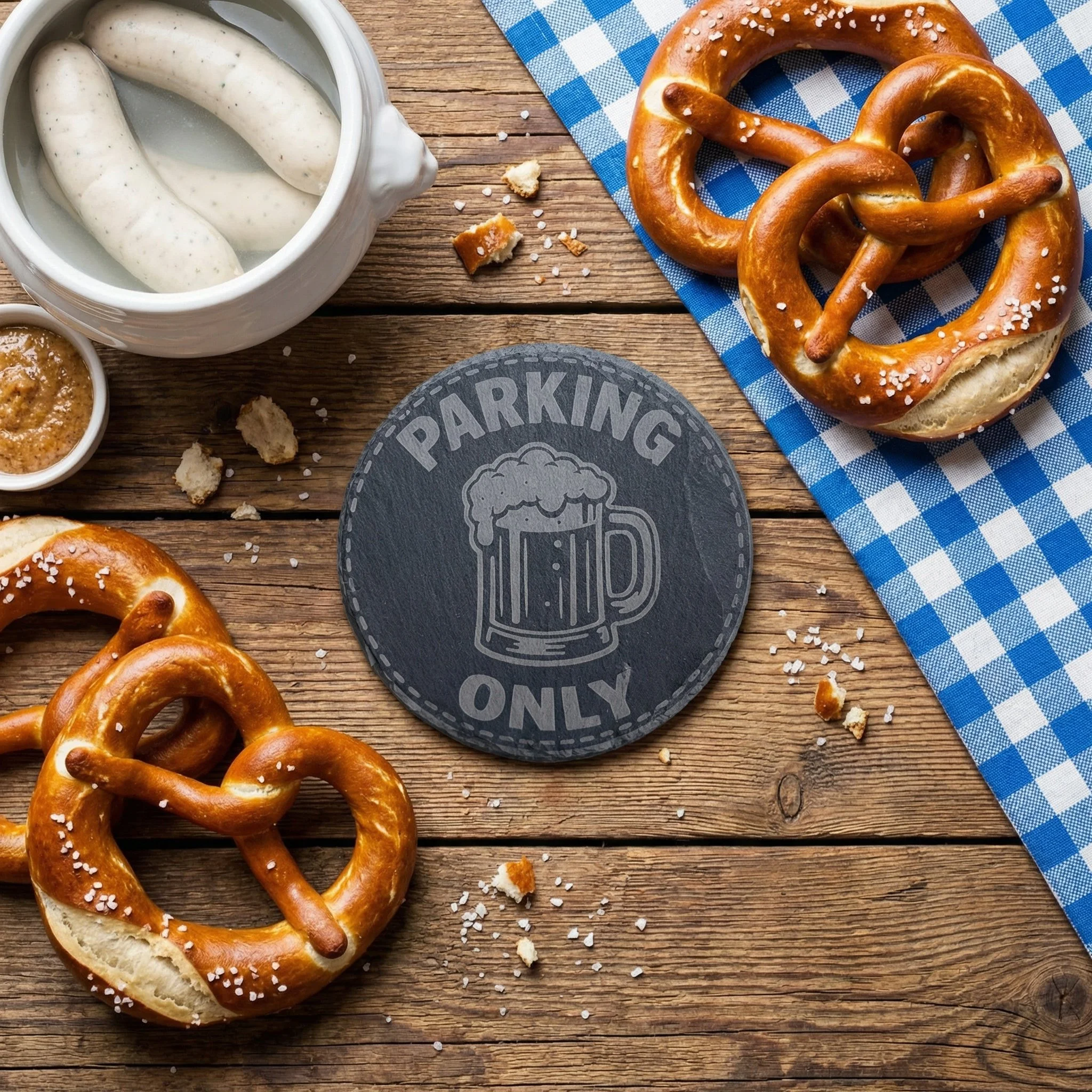 Runde Schieferuntersetzer mit grau-weißer Gravur. Auf einem Tisch mit Brezen und Weisswürschten