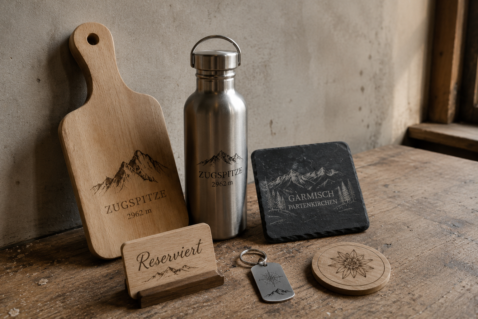 Verschiedene Wanderaccessoires, darunter Schneidebrett, Wasserflasche, Steinuntersetzer, Reserviert-Schild, Schlüsselanhänger und Triptychon, mit Bergmotiven und Standortangaben.