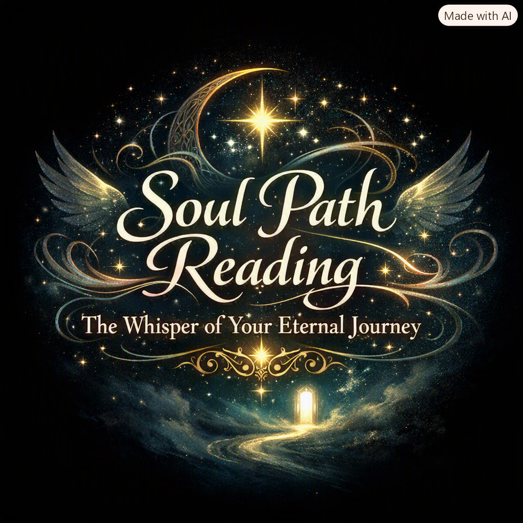 A celestial-themed design with stars, a crescent moon, and golden wings surrounding the text 'Soul Path Reading' and 'The Whisper of Your Eternal Journey.' A glowing door at the bottom suggests a mystical journey.