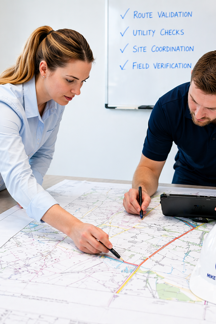 Two engineers examining a large map on a table during a planning session, with a whiteboard in the background listing tasks.