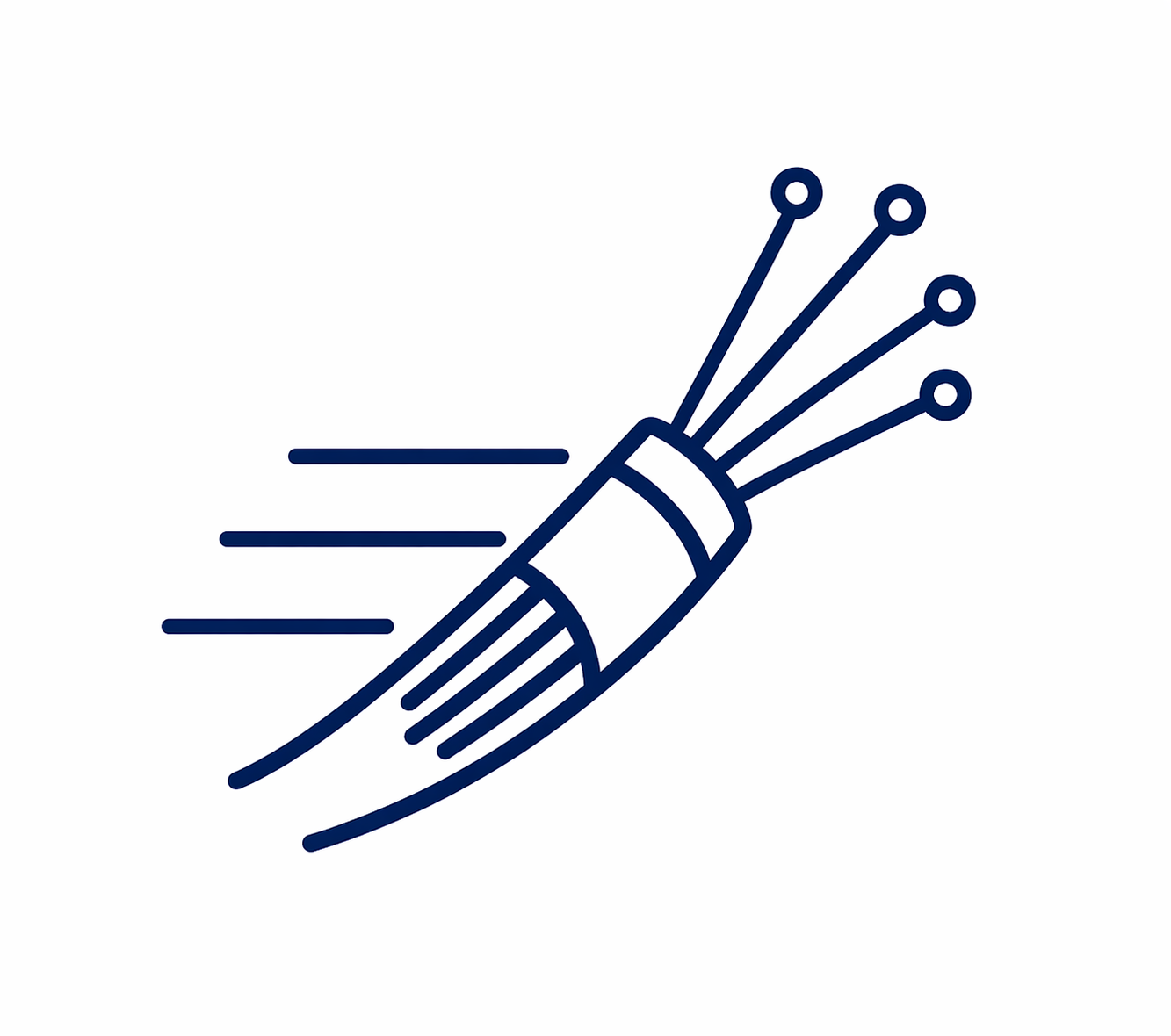 Line drawing of a fiber optic cable with multiple strands emitting light.