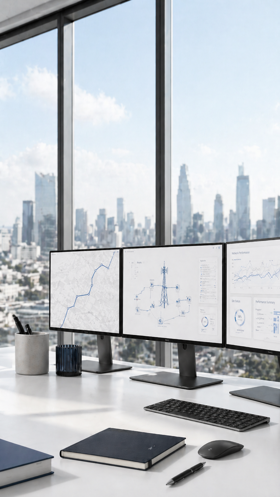 Office workspace with three computer monitors showing network and data analytics charts, large window with city skyline view in the background, desk with notebooks, pens, a mouse, and a pen holder.