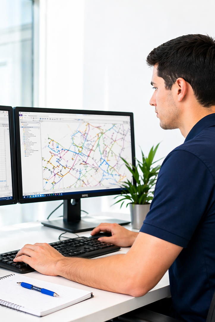 A man working at a desk with dual computer monitors displaying a colorful map and data charts, an open notebook, pen, and a potted plant.