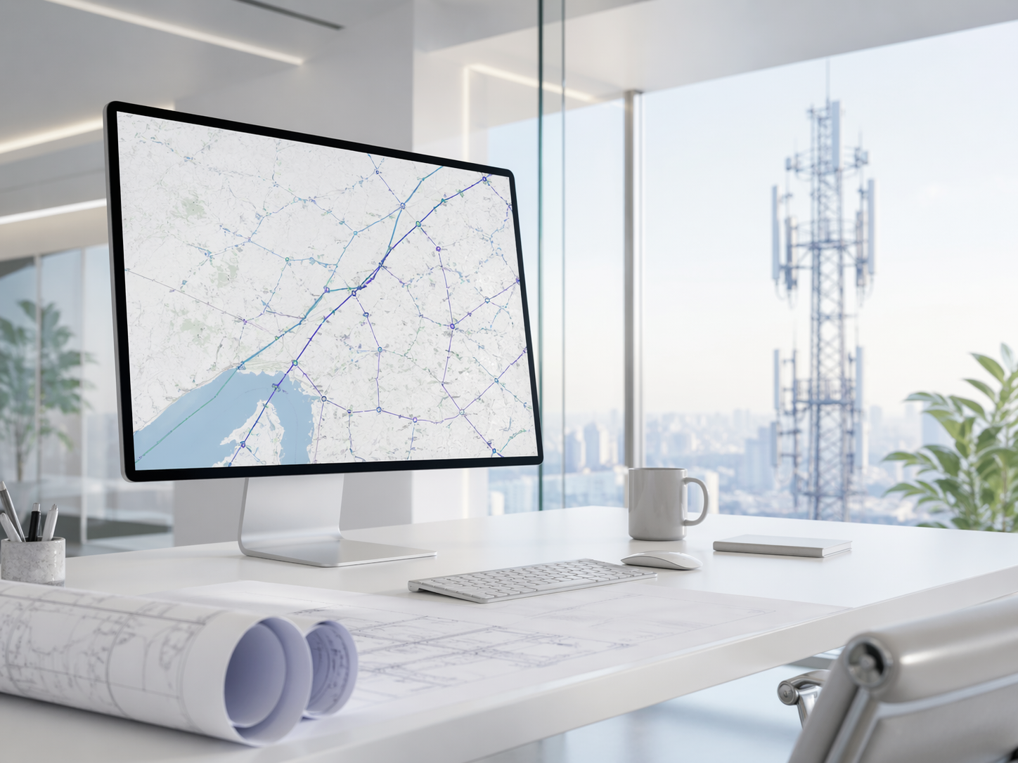 Office desk with computer displaying a map, blueprints, a coffee mug, a plant, and cityscape view through large windows.