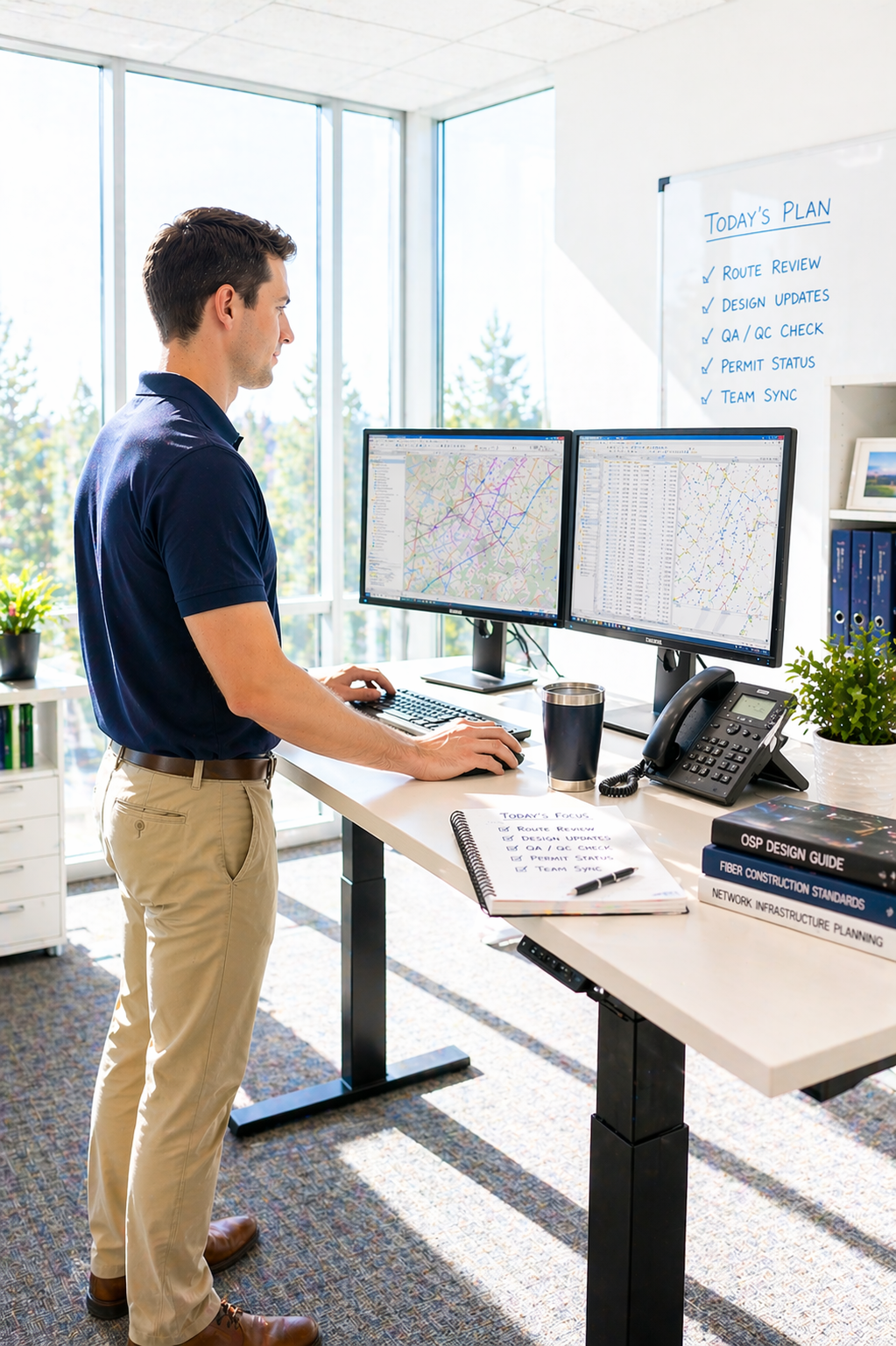 A man working at a desk with two computer monitors displaying maps. The desk also has a notepad, books on design and infrastructure, a telephone, and a plant. A whiteboard in the background lists the day's plan, including route review, design updates, QA/QC check, permit status, and team sync.